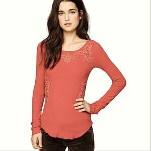 Free People Y2K Orange Ribbon Embellished Waffle Boho‎ Cottage Prairie Top Small